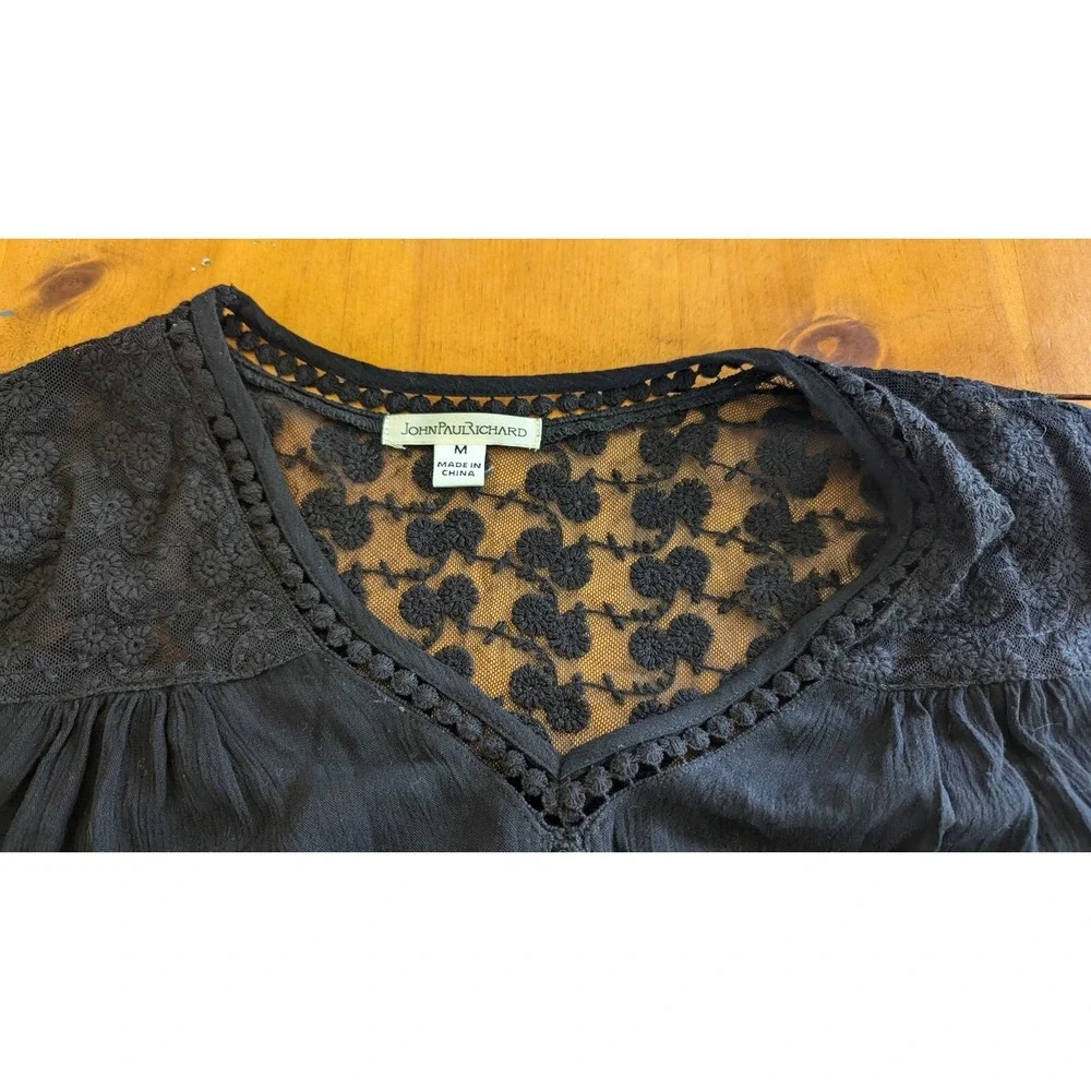 John Paul Richard Black‎ Lace Trim Blouse Bohemian Flowy Top Medium